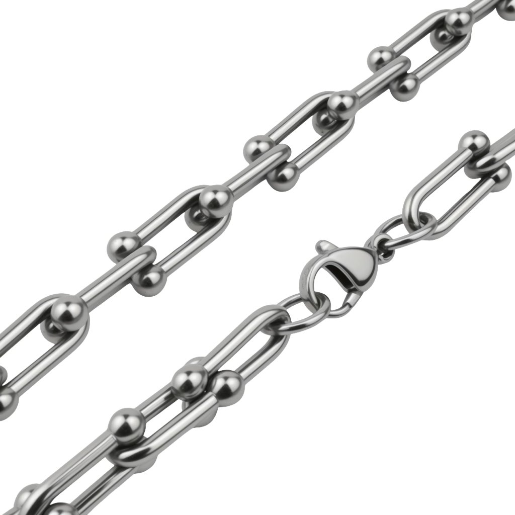 Stainless Steel U-Shaped Chain Necklace With Beads, 50/55cm Length